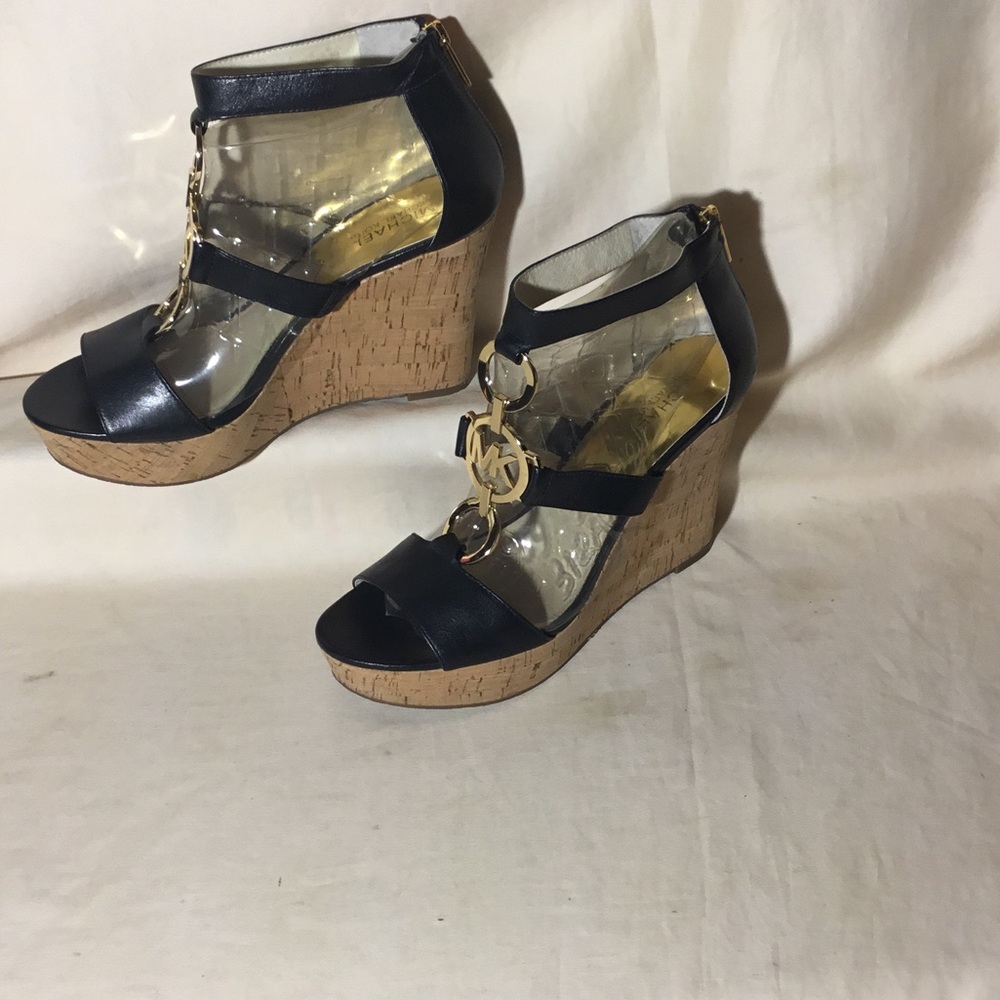 Michael Kors Black Leather Cork Wedge Sandals with Gold MK Accent